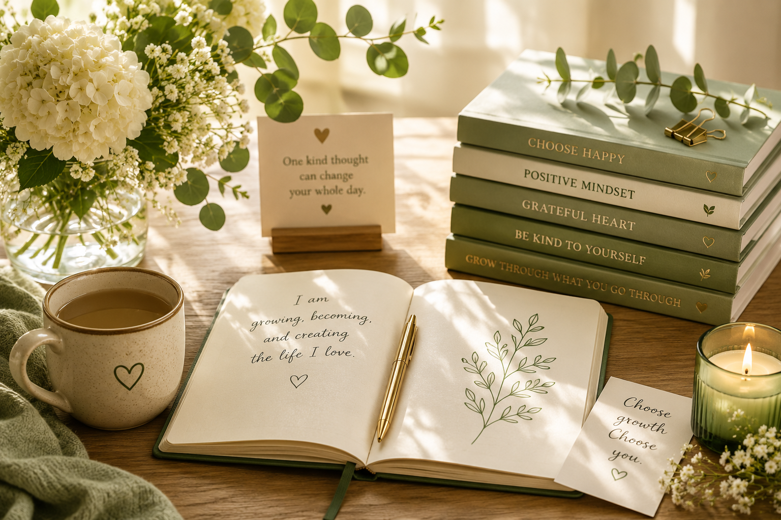 Open affirmation journal with flowers, books, tea, and positive messages