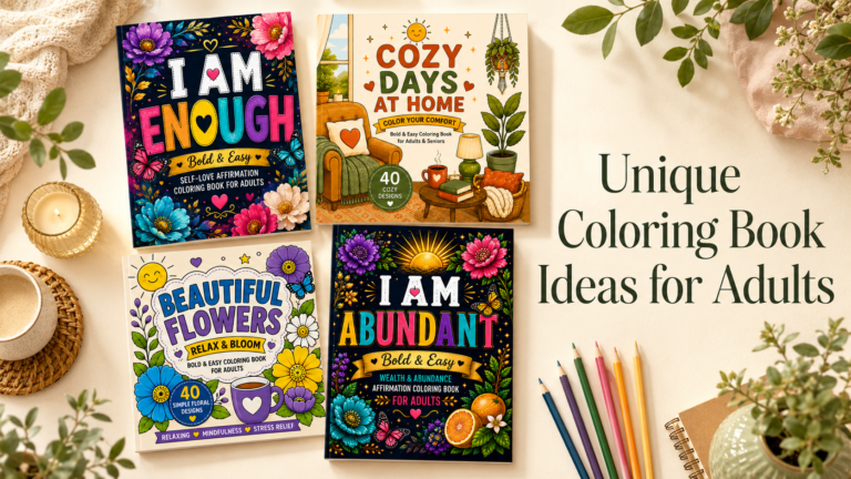 Four unique coloring books for adults featuring self-love, cozy living, flowers, and abundance themes.