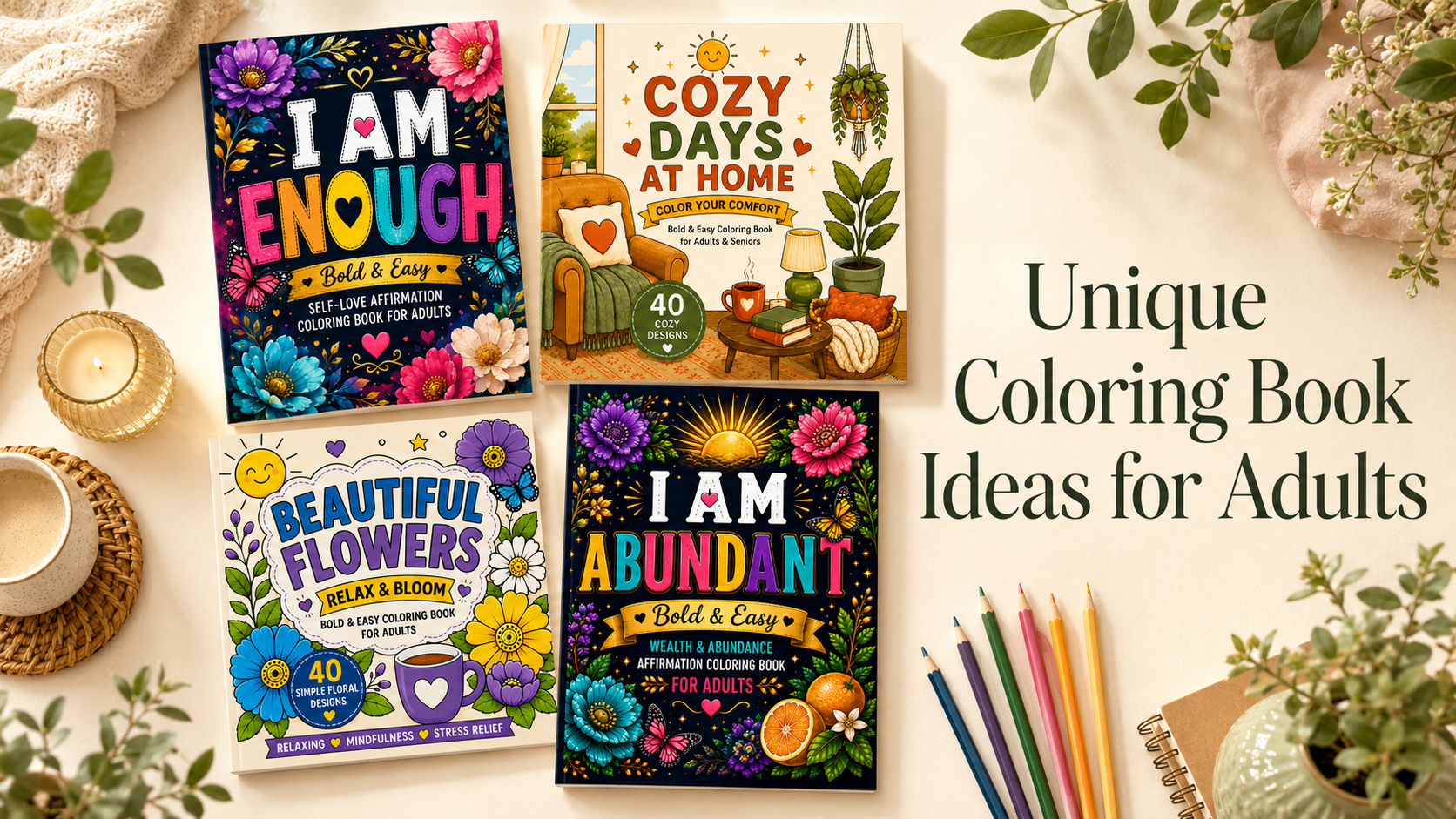 Four unique coloring books for adults featuring self-love, cozy living, flowers, and abundance themes.