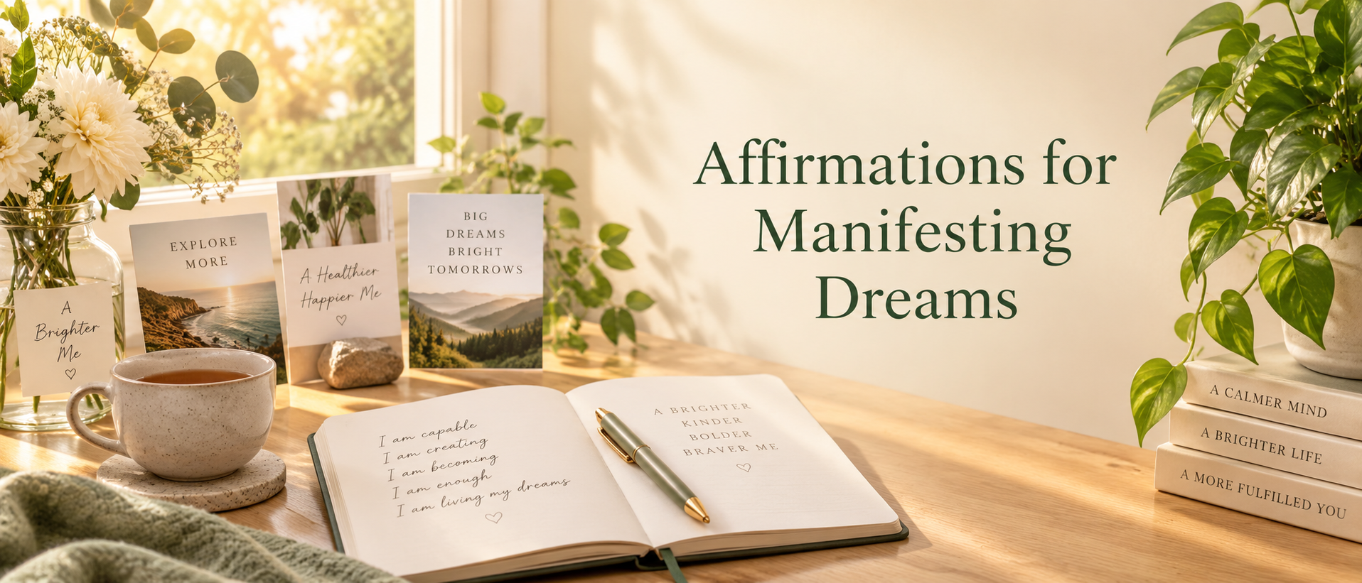 Open journal, tea, flowers, and vision cards with the words Affirmations for Manifesting Dreams