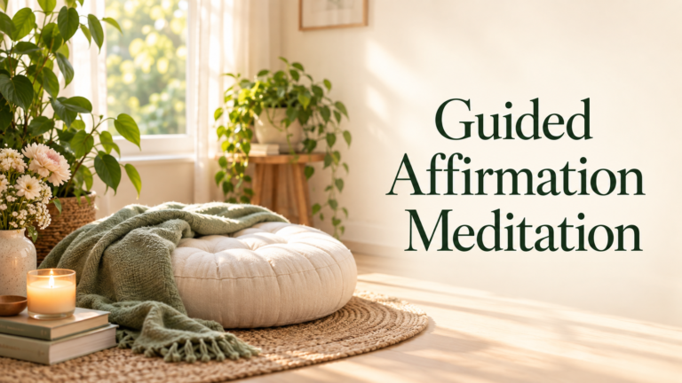 Peaceful meditation cushion in a sunlit botanical room for guided affirmation meditation