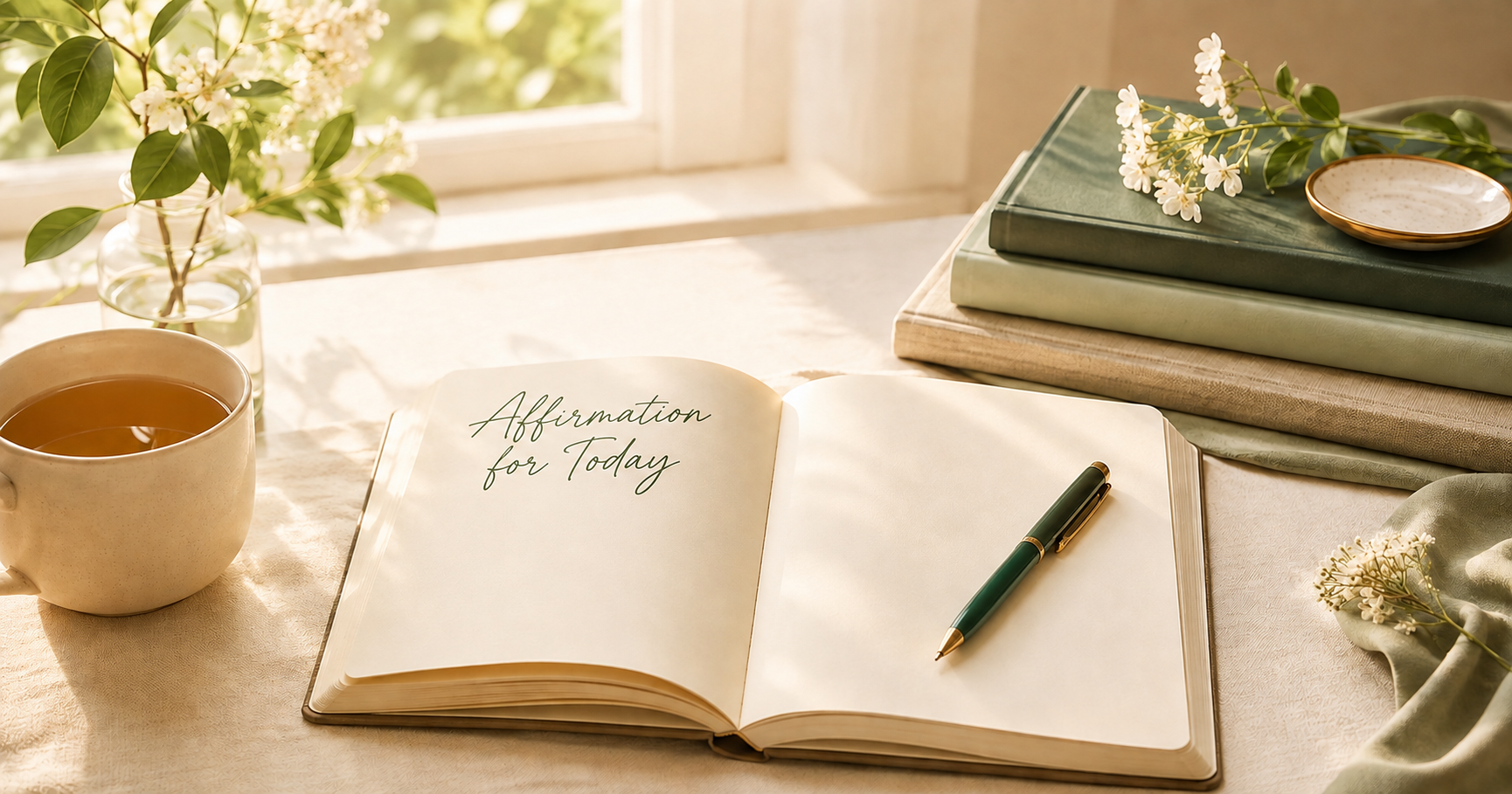 Open journal with the words Affirmation for Today, a green pen, tea, books, and flowers