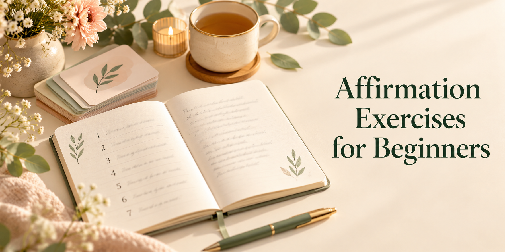 Open journal and affirmation cards beside tea and flowers with the words Affirmation Exercises for Beginners