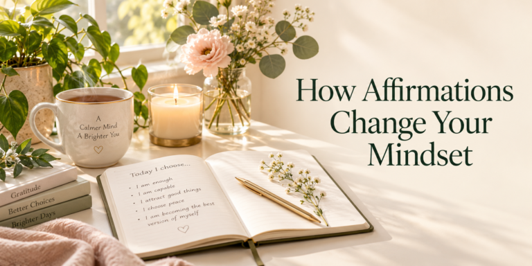 Open affirmation journal beside tea, flowers, and the words How Affirmations Change Your Mindset