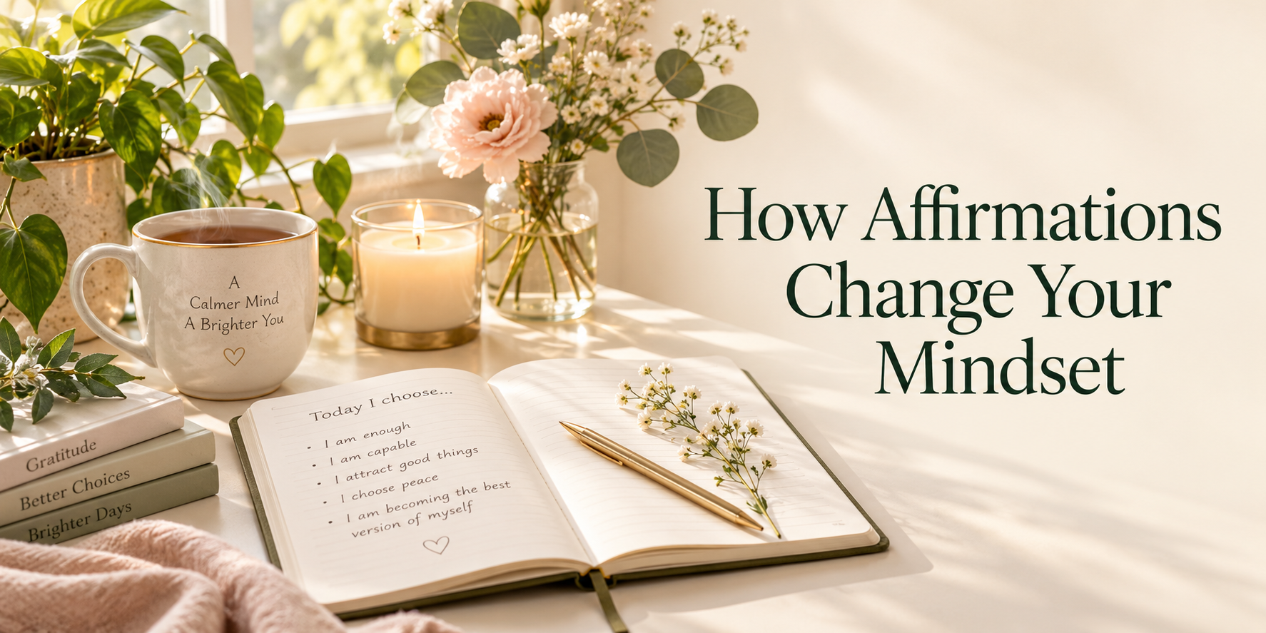 Open affirmation journal beside tea, flowers, and the words How Affirmations Change Your Mindset