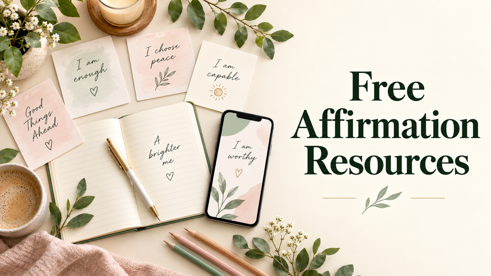 Affirmation cards, journal, pencils, and phone arranged as free affirmation resources
