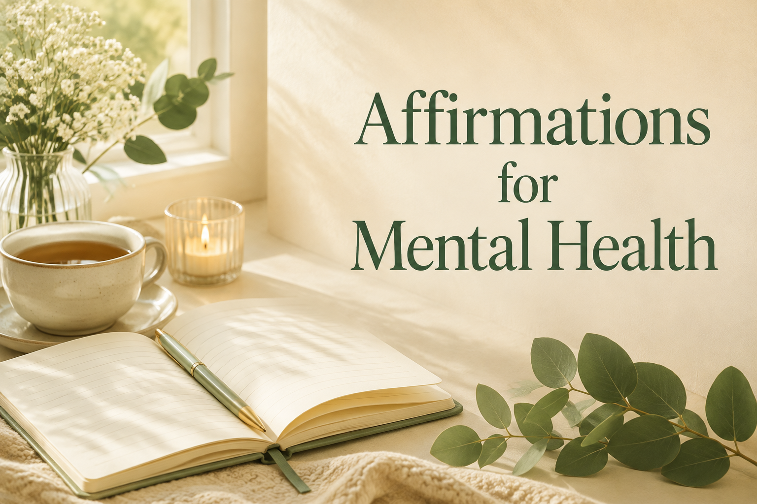 Open journal beside flowers and tea with Affirmations for Mental Health text