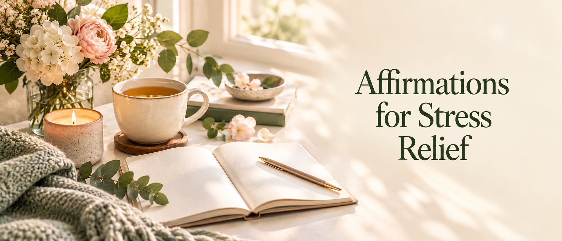 Open journal beside tea, flowers, and a candle with the words Affirmations for Stress Relief