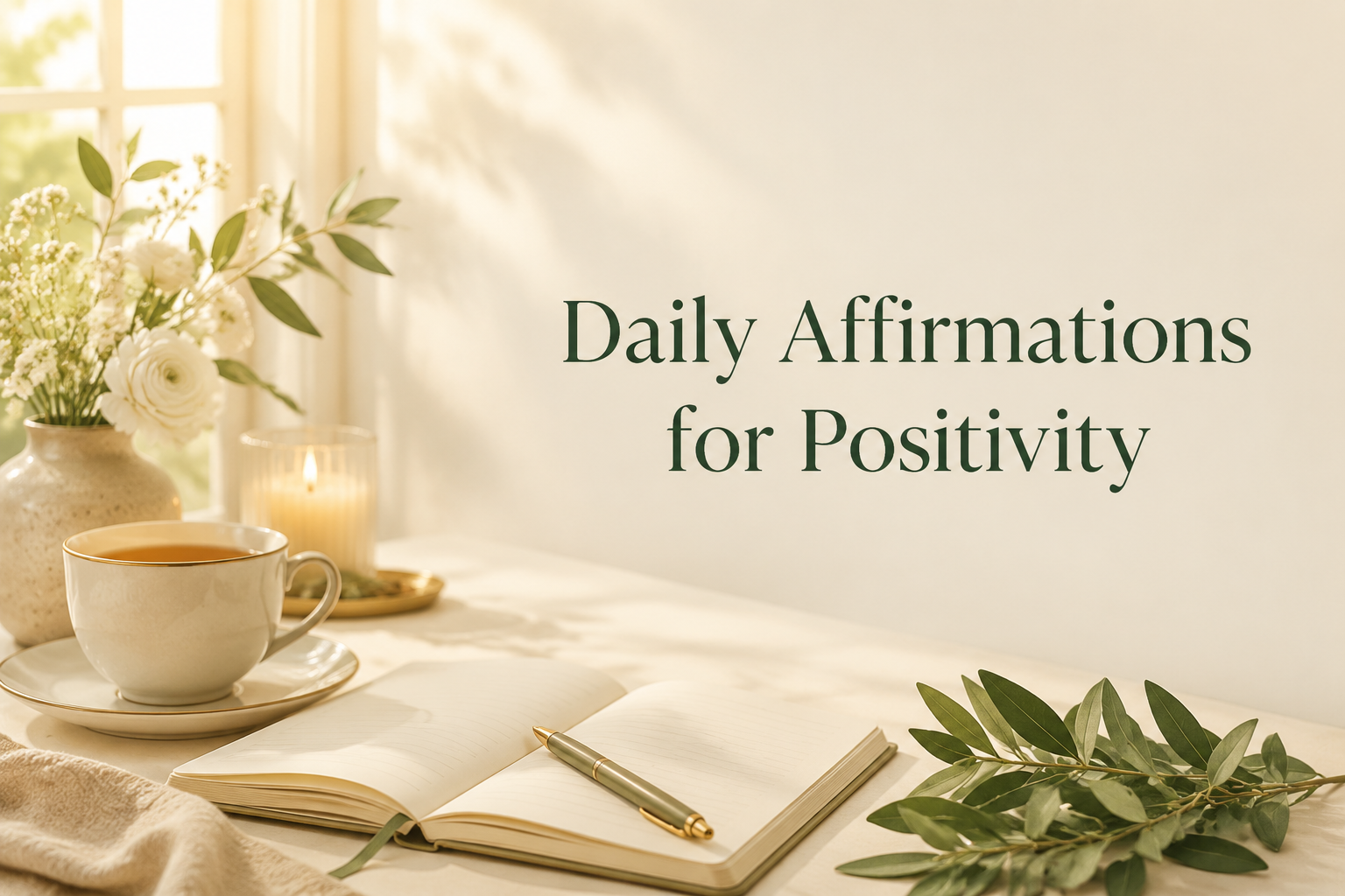 Open journal beside flowers and tea with Daily Affirmations for Positivity text